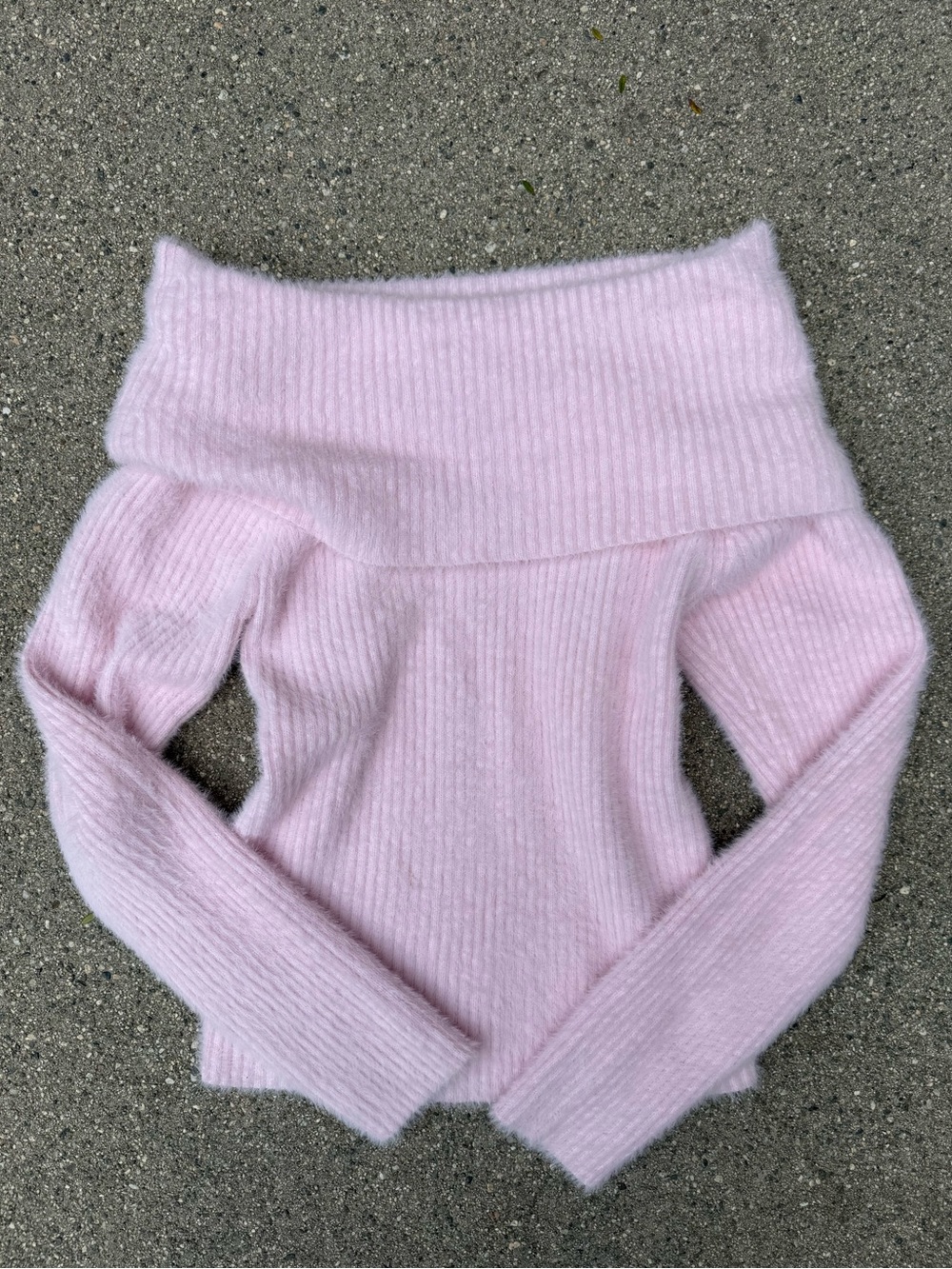 Baby pink fuzzy Off-Shoulder Ribbed Knit Sweater
